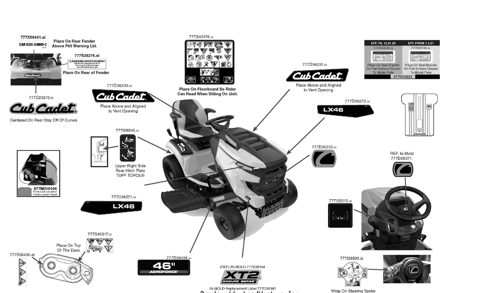 Label Map Diagram and Parts List for XT2-LX46KW (13AFA1TNA10)(2021) Cub Cadet Lawn Tractor